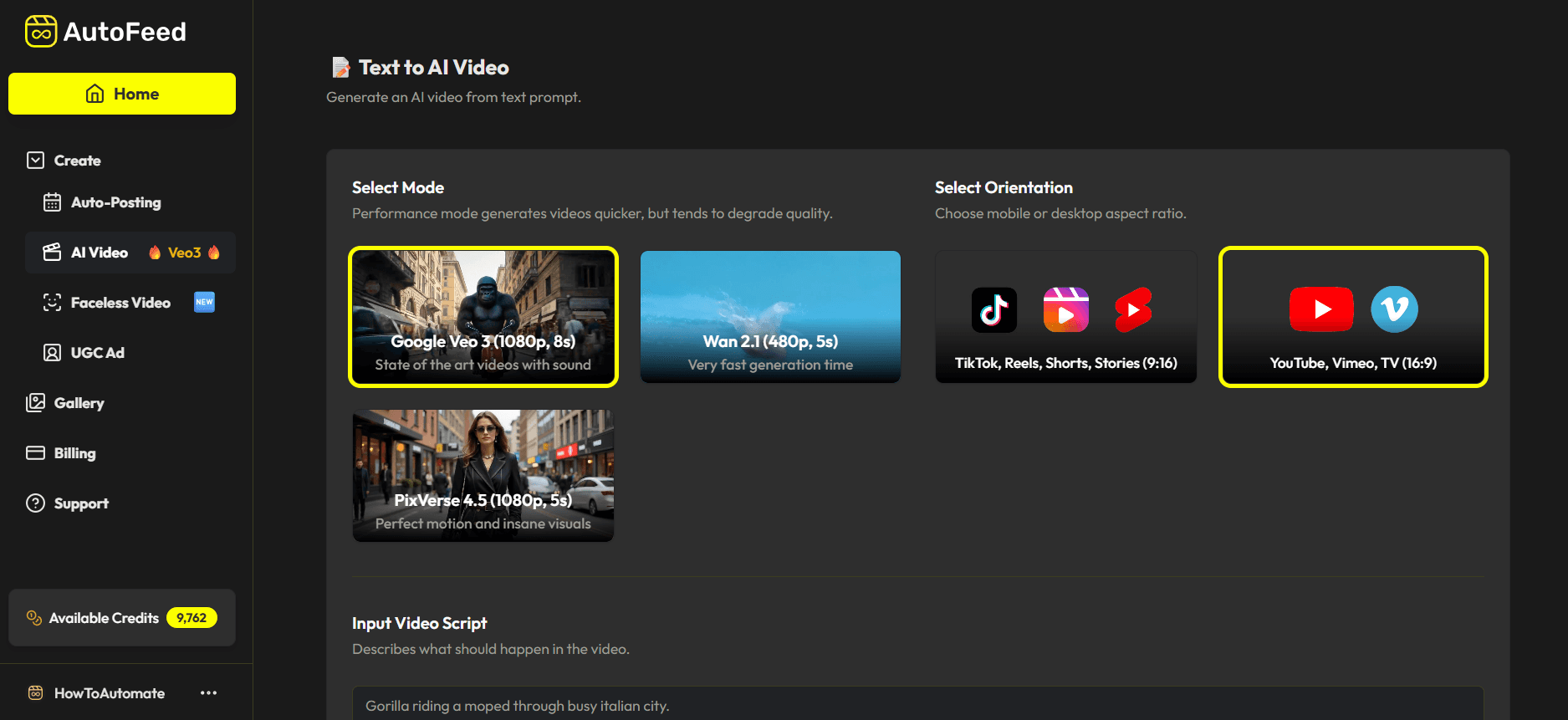 Using Veo 3 on AutoFeed.ai