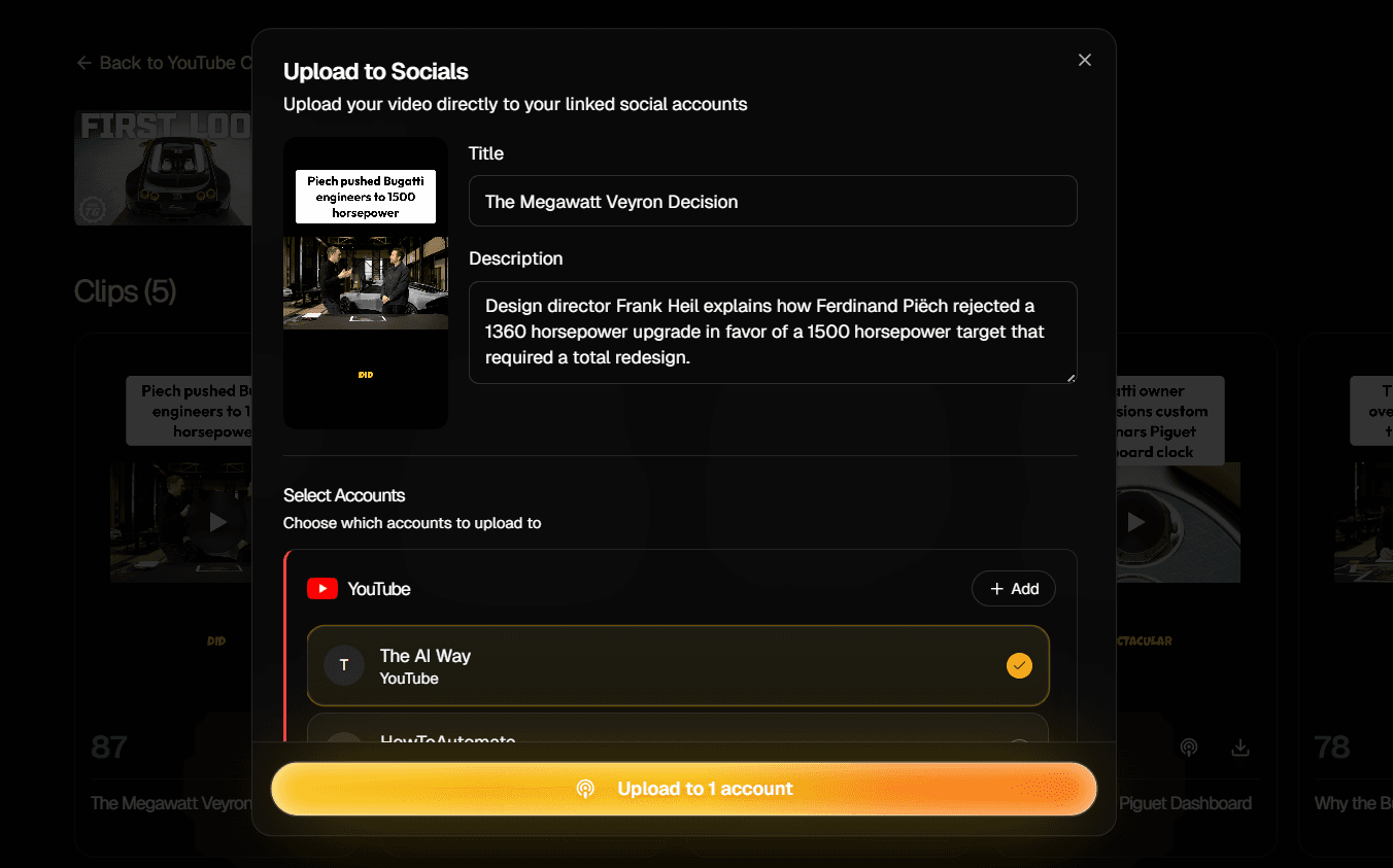 Publish clips to TikTok, YouTube Shorts, and Instagram Reels