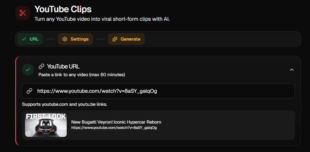 Paste a YouTube URL into the clipping dashboard
