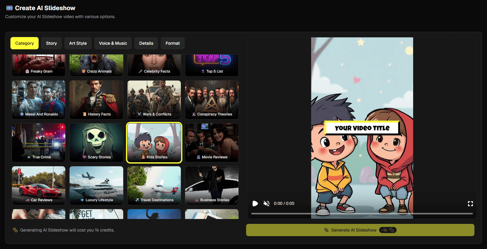 AI Slideshow category selection