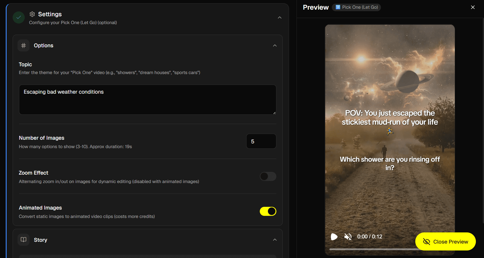 Pick One options panel with topic and image count