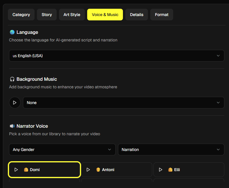 Voice and music selection