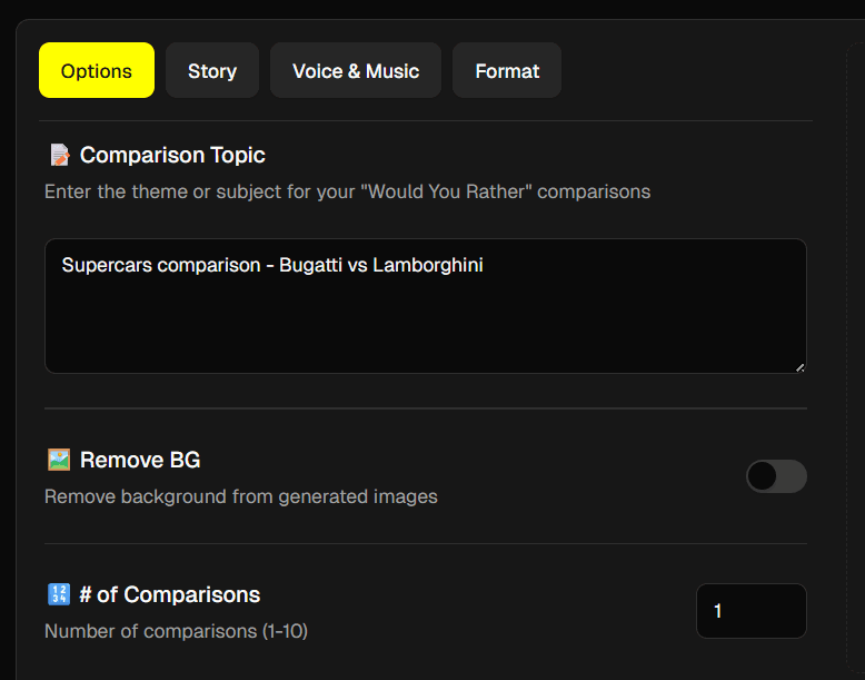 Would You Rather options tab