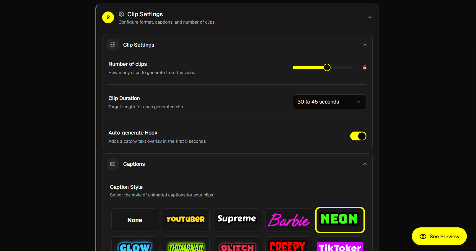 Caption and hook configuration panel
