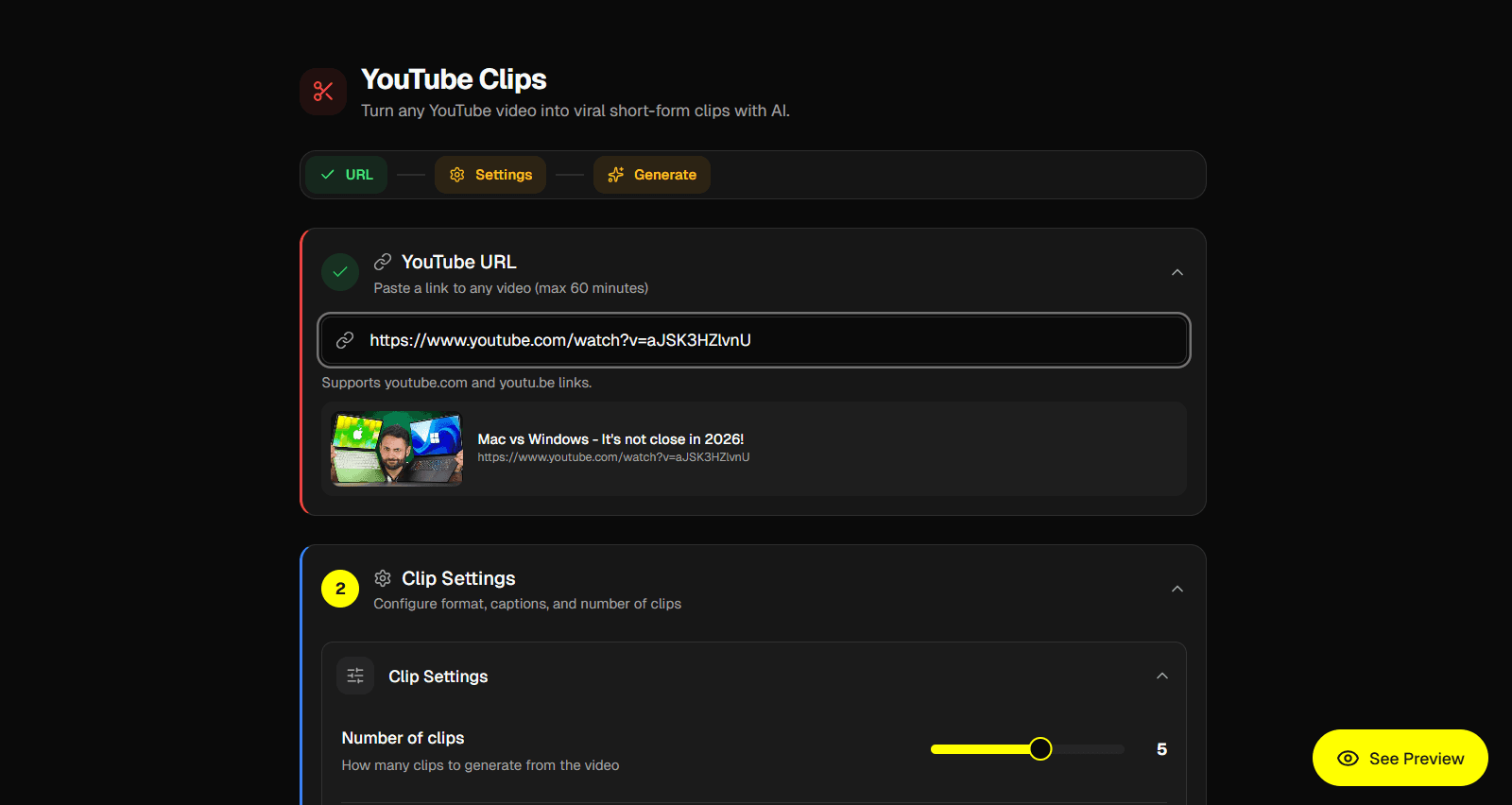 Pasting a YouTube URL into AutoFeed clip creator